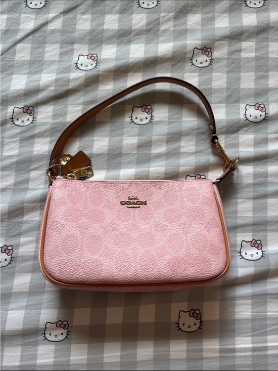 Coach Handbags - Coach Light Pink Pebbled Leather Mini Shoulder Bag with Tan Strap